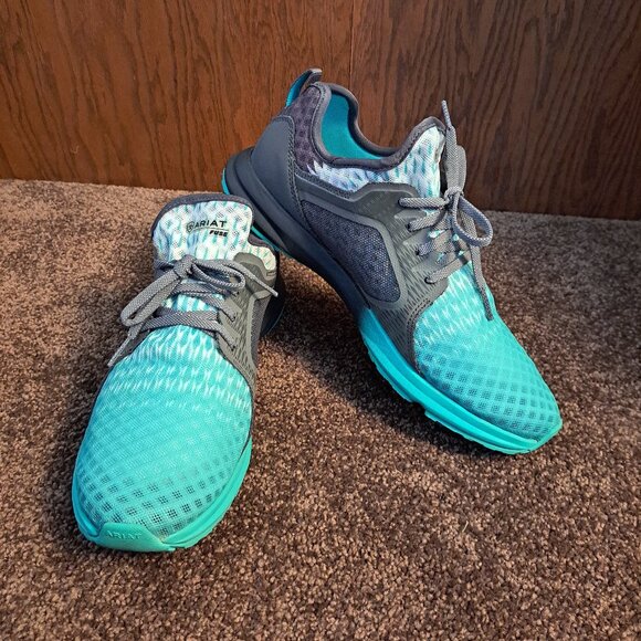 Ariat Women's Fuse athletic shoe in a turquoise and gray ombre mesh design. - Picture 9 of 9